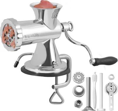 A manual meat grinder with various attachments, displayed on a white background.