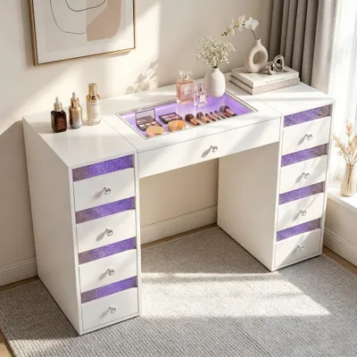 Produktbild von VANITII Schminktisch mit Beleuchtung LED 9 Schubladen Weiβ 130 x 55 x 81 cm