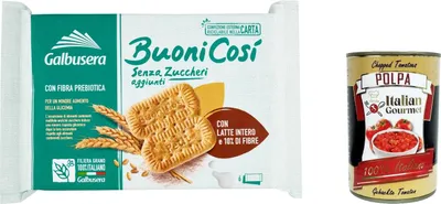 Produktbild von 6x Galbusera BuoniCosì, Kekse ohne Zucker mit Vollmilch und 10% Ballaststoffen 300 g + Italian Gourmet polpa 400g