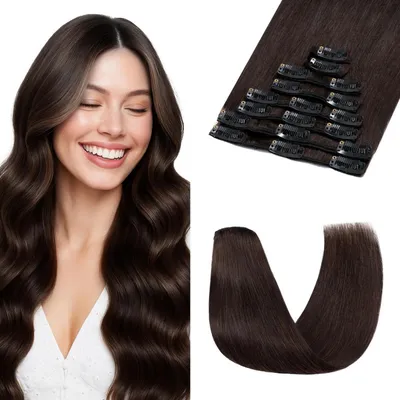 Zdjęcie produktu dla Pasemka do włosów, naturalne włosy, 100% Remy, ciemnobrązowe, 40 cm, 8 sztuk, 65g