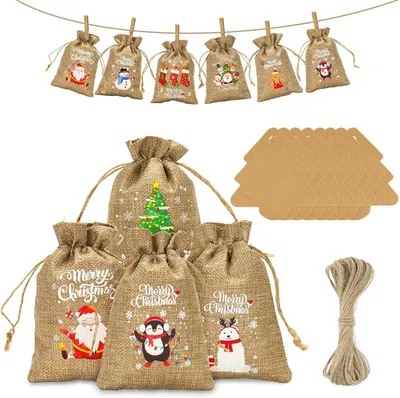 Immagine prodotto di Calendario dell'Avvento da riempire con sacchetti di juta: sacchetti natalizi di 10x15 cm per bambini