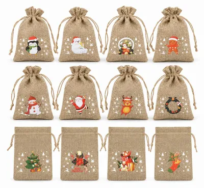 Imagen del producto de Bolsas de yute, 10 x 15 cm, 12 unidades, para regalos de Navidad