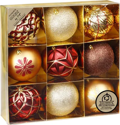 Produktbild von Weihnachtskugeln Kunststoff 10cm Muster Mix 9er Set Rot / Gold / Braun