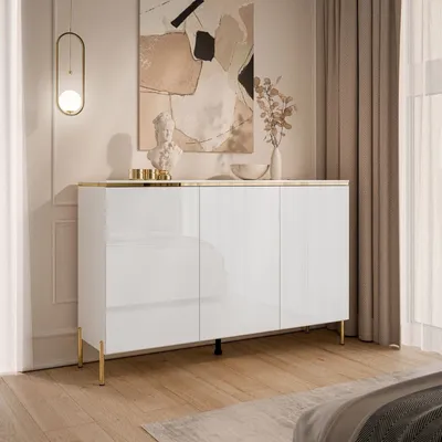 Productafbeelding van Drietalige commode AURORA, wit, hoogglans, met 3D-effect, op verchroomde, rechte poten