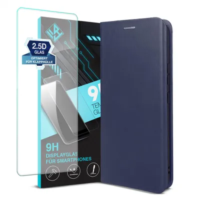 Produktbild von Handyhülle für Samsung Galaxy S25 Ultra mit 9H Displayglas Echtleder Flip Cover Hülle Case Kartenfach RFID Schutz Farbe: Blau