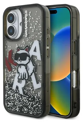 A Karl Lagerfeld iPhone case with glitter and a cat design.