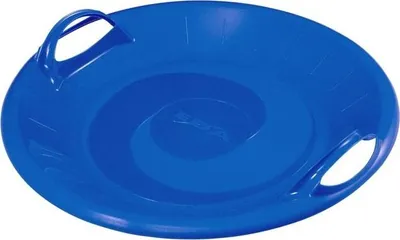 A blue disc sled with handles, shown from a slightly elevated diagonal angle against a white background.