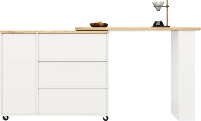 Obrázek produktu pro Vysoký stůl Sweiko otočný o 360° (135-203 x 39 x 106 cm) na kolečkách, bílý, se třemi zásuvkami. Dodává se s držákem na občerstvení. Multifunkční úložný ostrůvek, vhodný do kuchyně i obývacího pokoje.