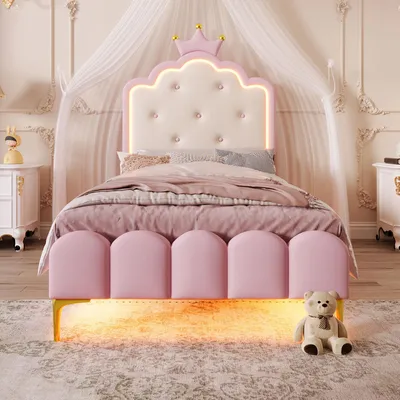 Image de Lit rembourré 90 x 200 cm avec éclairage LED et télécommande, lit en similicuirPolyuréthaneau design princesse avec sommier à lattes, lit d'enfant moderne pour chambre à coucher et chambre d'adolescent, rose