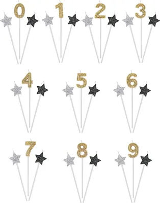 Immagine prodotto di Set di candeline per compleanno Stelle e numero 3 pezzi oro-argento-nero 16 cm -