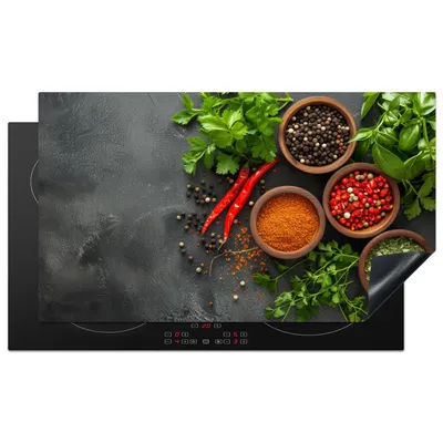 Produktbild von KitchenYeah© Herdabdeckplatte Kräuter - Paprika - Betonoptik , 91x52cm, Küche Deko, Glaskeramikkochfeld Herdabdeckung, Abdeckplatte fùr Kochfeld