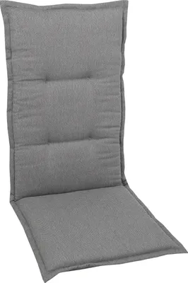 A gray chair cushion is shown against a white background.