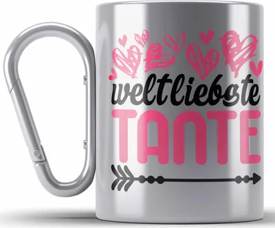 Produktbild von Trendation - Beste Tante der Welt Geschenk Edelstahl Tasse Karabiner mit Spruch Karabiner Edelstahl Tasse Karabiner Edelstahl für Weltliebste Tante (Silber)