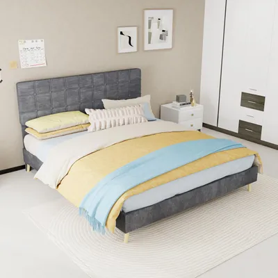 Produktbild von Polsterbett 160x200 cm Grau Stoffbett mit Kopfteil Karosteppung Modernes Doppelbett Bettgestell Stabil & Geräuschlos inklusive Lattenrost