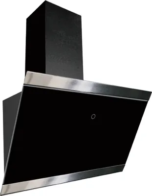 A black and silver kitchen range hood is shown against a white background.
