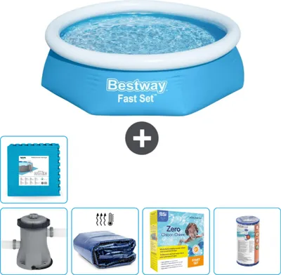 Immagine prodotto di Piscina gonfiabile rotonda Bestway a presa rapida - 244 x 61 cm - blu - inclusa pompa tenda - pacchetto manutenzione - filtro - piastrelle per il pavimento