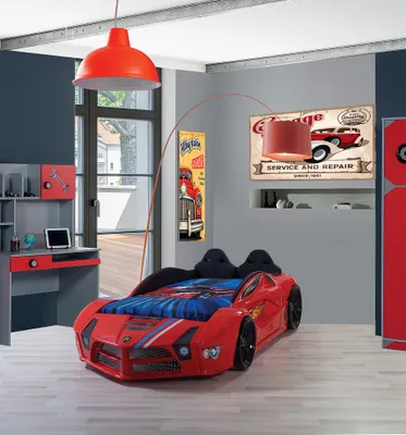 Produktbild von Autobett Rot Luxury Safety 90x190 cm mit Frontbeleuchtung und Rennwagensound inkl. Lattenrost