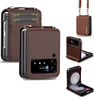 Produktbild von Handyhülle für Samsung Galaxy Z Flip3 5G, Leder Crossbody Klapphülle mit Umhängegurt und Kartenfach Braun