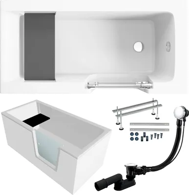 Produktbild von Badewanne Rechteck Set 5in1 140x70 Rechts, Seniorenbadewanne + Glastür und Holzsitz, Premium Ablaufgarnitur und Füßen | BADLAND AVO