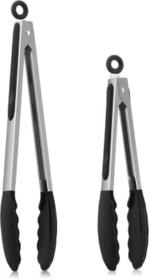 Productafbeelding van Roestvrij Stalen Keukentang Set van 2 met Siliconen Handgreep - 23,7 cm en 30,3 cm
