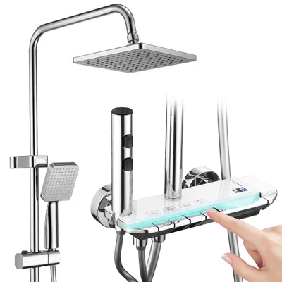 Obrázek produktu pro Sprchový systém Homelody z mosazi a chromu, 4 režimy výstupu vody, kompletní sada sprchové baterie, sprchová sada s digitálním ukazatelem teploty a atmosférickým osvětlením