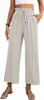 Image de ASKSA Pantalon d'été en lin pour femmes Taille haute Capri Palazzo léger Pantalon de loisirs, Beige, Taille : L