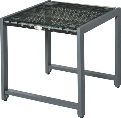 A square outdoor side table with a glass top and gray metal frame.