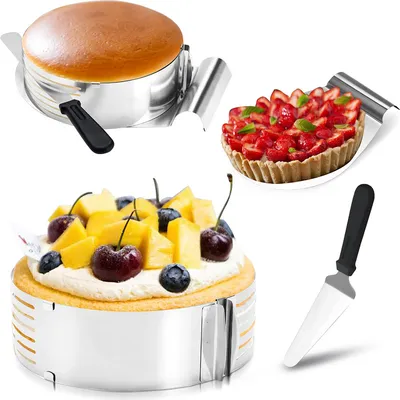 Produktbild von SWANEW Tortenboden Schneidhilfe, Torten Set 4tlg, 23-30cm Durchmessers - Ring stufenlos verstellbar - Schneiden von 7 Böden, Kuchenretter, Profi-Tortenmesser, und Torten-Zubehör aus Edelstahl
