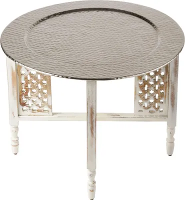 Produktbild von Marokkanischer Runder Tisch Couchtisch Hania ø 60cm rund | Orientalischer Wohnzimmertisch mit klappbaren Vintage Gestell aus Holz in Weiss | Das Tablett Dieser Klapptisch ist aus Metall in Silber