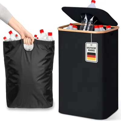 A person is shown placing plastic bottles into a black storage bin with a lid, and the bin itself is also shown filled with bottles.