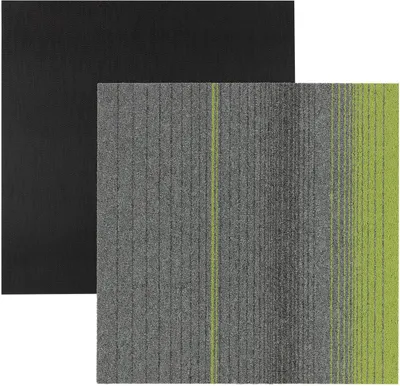 Two carpet tiles are shown, one black and one with a gray and green gradient pattern.