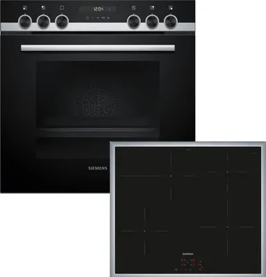 A black built-in oven and a black induction hob are shown side-by-side against a white background.