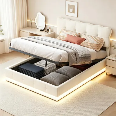 Zdjęcie produktu dla Łóżko INONEFT, wymiar 140x190 cm, z pojemnikiem na pościel, tapicerowane, podwójne łóżko z oświetleniem LED, hydrauliczne łóżko z pojemnikiem, łóżko młodzieżowe, obite welurem, kolor beżowy