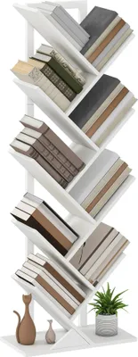Image de Étagère en forme d'arbre - Étagère de rangement - 9 compartiments - Bois - 50x24x136 cm - Autoportante pour livres/CD/DVD - Blanc