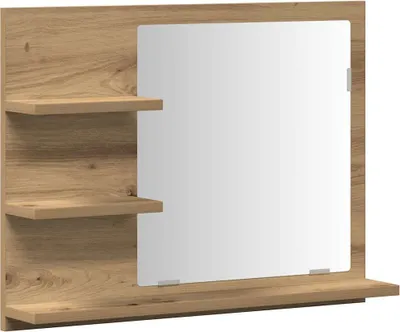A product shot of a bathroom mirror with shelves, set against a white background.