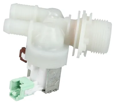 A close-up studio shot of a white plastic inlet valve with metal and plastic connectors.