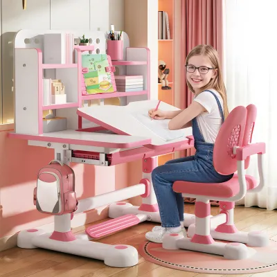 Produktbild von Kinderschreibtisch- und Stuhlset, höhenverstellbares Kinderschreibtisch- und Stuhlset mit Bücherregal und Schublade, um 50 Grad neigbarer Schreibtisch mit Stuhl für Schlafzimmer/Arbeitszimmer