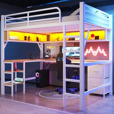 Obrázok produktu pre Kovová posteľ s hornou časťou, rozmery 140x200 cm, knižnica, písací stôl, skriňa, USB porty, LED osvetlenie