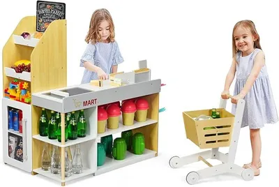 Imagen del producto de Supermercado con carrito de compras, que incluye una pizarra y una caja registradora, una figura de juguete para hacer de cajero, un juego de caja registradora con escáner, lector de tarjetas y 5 monedas de madera. Juguete para juegos de roles, ideal para niños a partir de 3 años