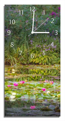 Produktbild von Wallario Design Wanduhr bedruckt, Größe 30 x 60 cm, Motiv: Blühender Seerosenteppich