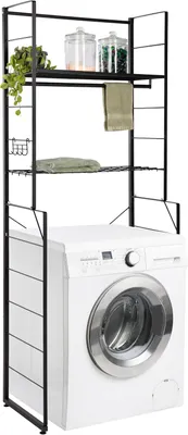 Produktbild von Waschmaschinenregal ? schwarz ? mit Kleiderstange und 4 Haken ? ideal über Waschmaschine, Trockner oder WC ? Toilettenregal aus Metall