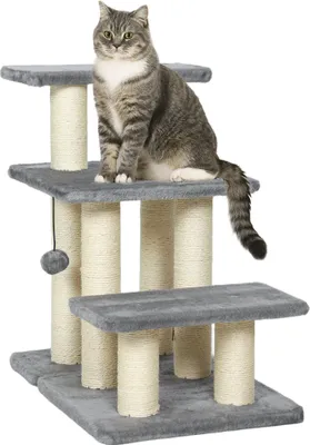 Produktbild von PawHut Hundetreppe 3 Stufen 54 cm Hoch Haustiertreppe für Kleine Hunde Katzentreppe Hunderampe mit Sisal Kratzbäumen, Spielball, Einstiegshilfe für Bett, Sofa, Couch und Auto Grau