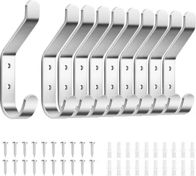 Immagine prodotto di Uniqoos® Set di 10 ganci a parete in metallo, finitura argento spazzolato – ganci robusti per ingresso, bagno, camera da letto e soggiorno, con fissaggio a vite