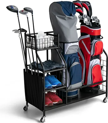 Produktbild von COSTWAY Organizér na golfové bagy, organizér na golfové bagy s kolieskami a háčikmi, úložný stojan na golfové sety Stojan na golfové bagy je vhodný pre 2 golfové bagy a iné golfové vybavenie a príslušenstvo, 95 x 40 x 94 cm