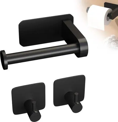 Produktbild von Famanu Toilettenpapierhalter selbstklebend - Edelstahl, schwarz, mit 2 Handtuchhaken