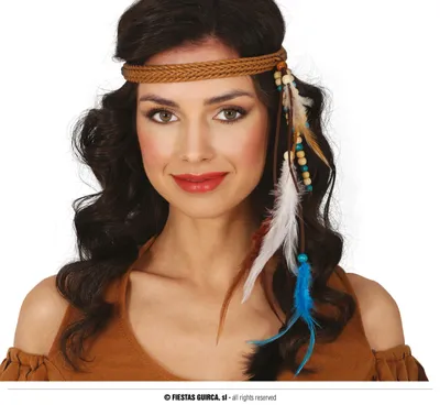 Productafbeelding van Indische veren hoofdband. Elegant accessoire voor carnaval, vastenavond. Traditioneel design met kleurrijke veren. Kleur: bruin
