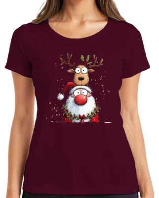 Obrázok produktu pre Dámske tričko Otec Vianoc so sobom Cartoon Funny Christmas Gift, bordová farba, XL