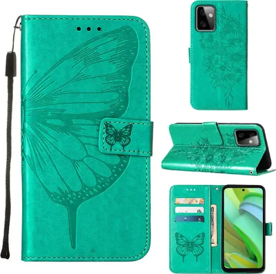 Produktbild von Lederhülle für Motorola Moto G Power 5G Schmetterling Prägung Flip Ledertasche Kartenfächer Handyhülle mit Ständer Grün