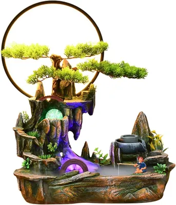 Produktbild von Tischbrunnen mit Wasserfall-Element, Indoor-Steingarten und Kaskadenwasserfällen mit Kugelrad für Wohnzimmer und Couchtisch