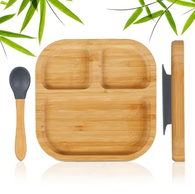 Image de Assiette pour enfant Relaxdays en bambou, avec ventouse, sans BPA, antidérapante, assiette pour la diversification alimentaire, assiette compartimentée pour bébé, naturel/gris